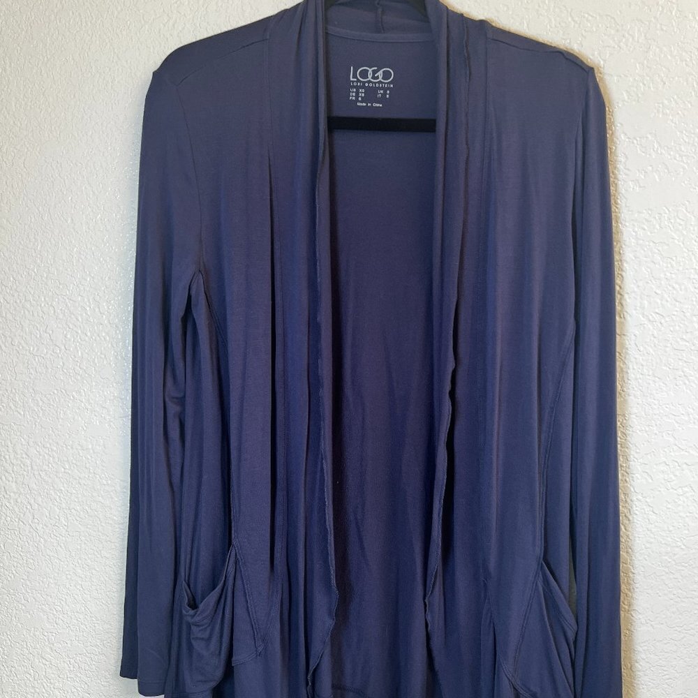 LOGO Lori Goldstein Navy Blue Open Front Draped Cardigan‎ Pockets  XS